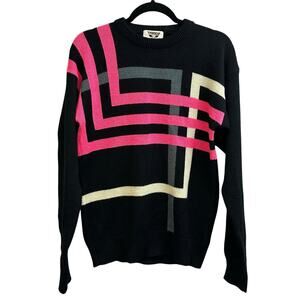 Tyrolia Head Vintage Ski Sweater Abstract Black Pink Wool Blend Small Retro Snow